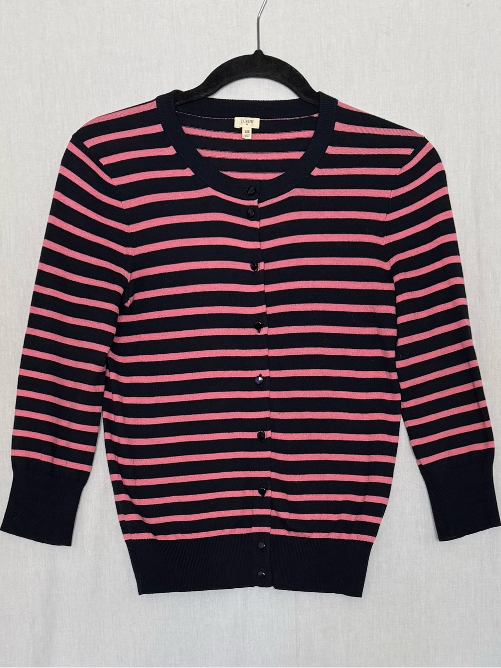 J Crew Cardigan Womens Navy Hot Pink Striped 100% Cotton Button Front Sweater XS